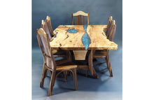 Load image into Gallery viewer, blue_epoxy_river_table_set_spalted_maple_with_pond_live_edge