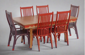 purple and red painted cherry wood dining table set