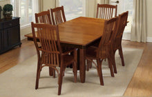 Load image into Gallery viewer, craftsman style dining table and six chairs with leaves brown and black stain two tone